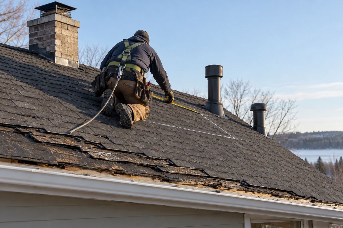 Roofer measuring a slope beside a chimney before replacement work