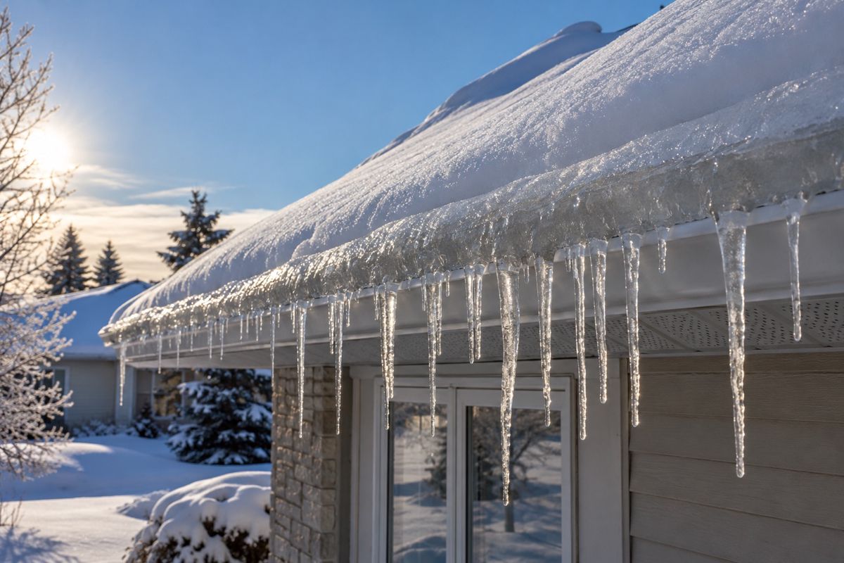 Ice build-up and icicles along the eave of a snowy bungalow roof