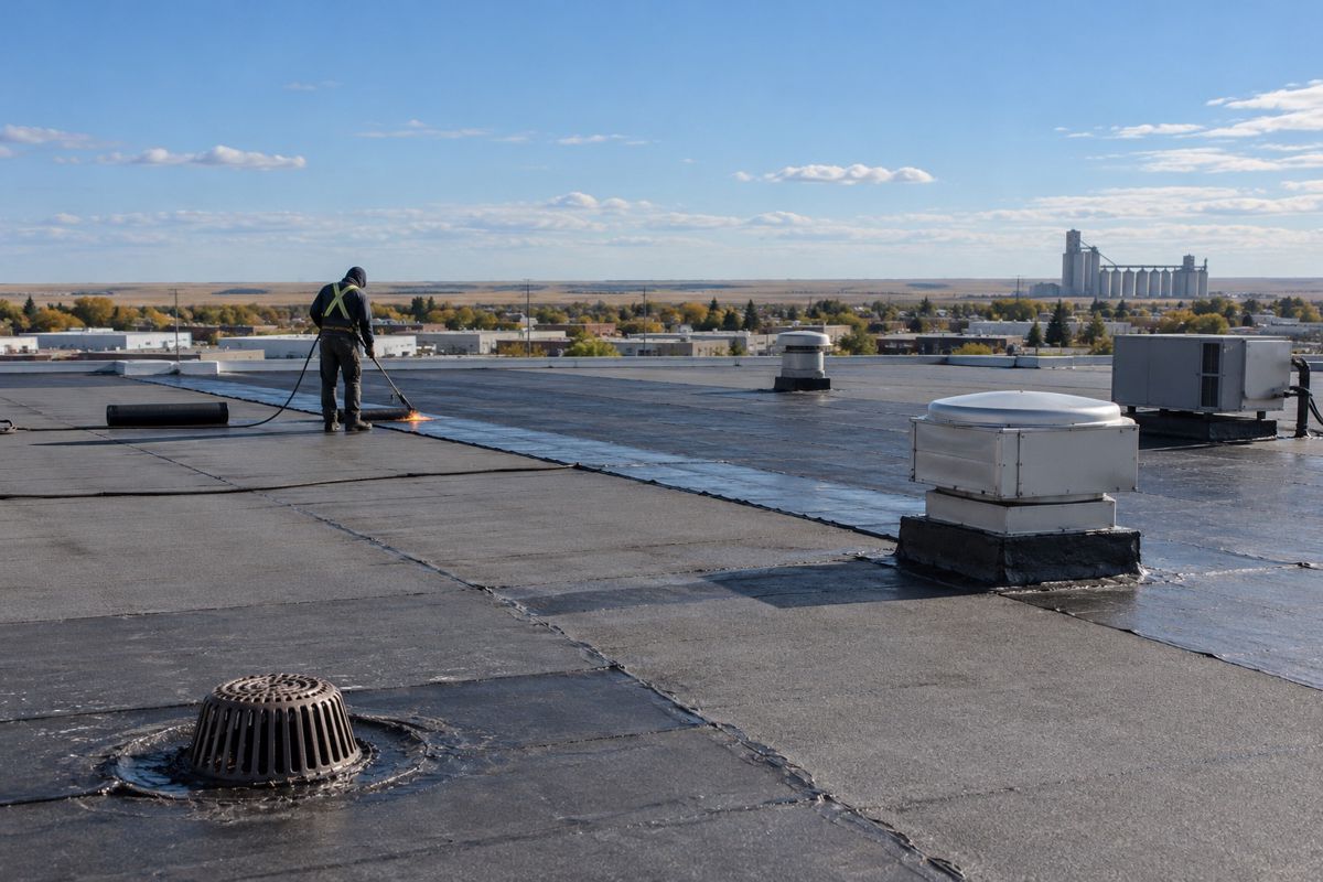 Roofer sealing a flat commercial roof membrane seam under a prairie sky