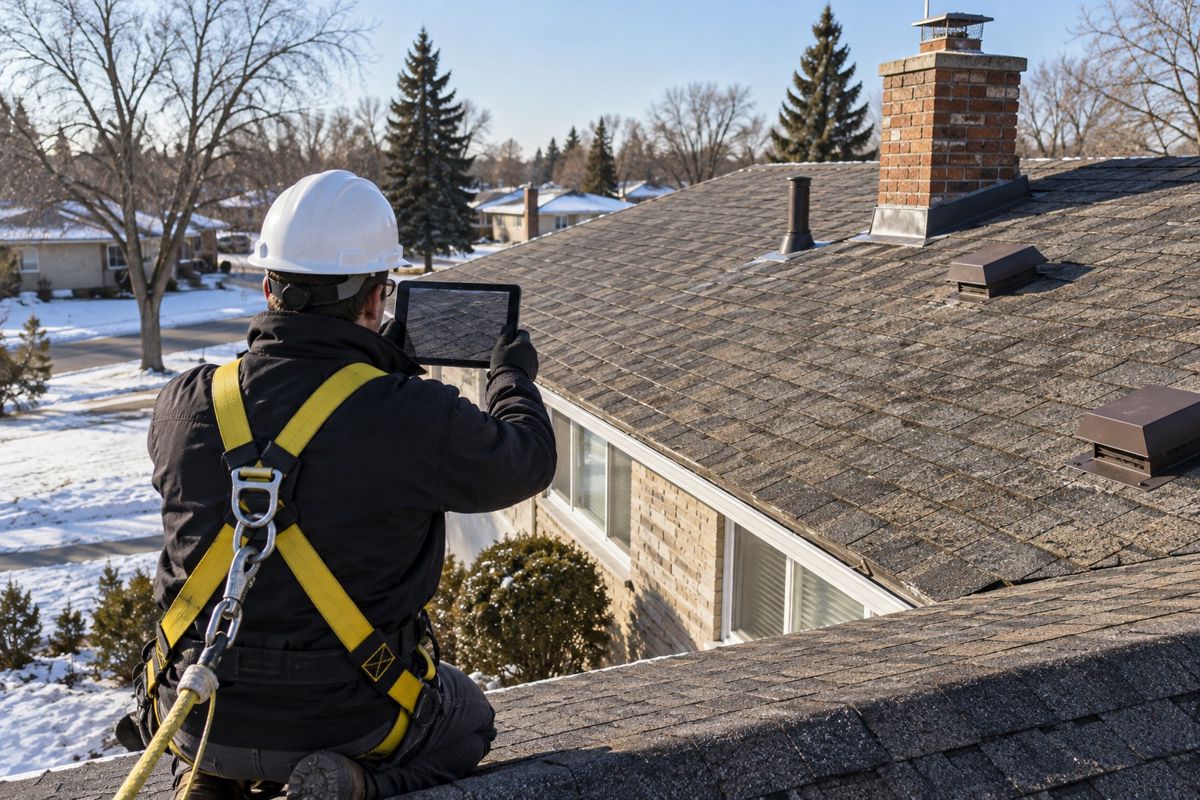 Inspector photographing an aged shingle roof slope near a chimney