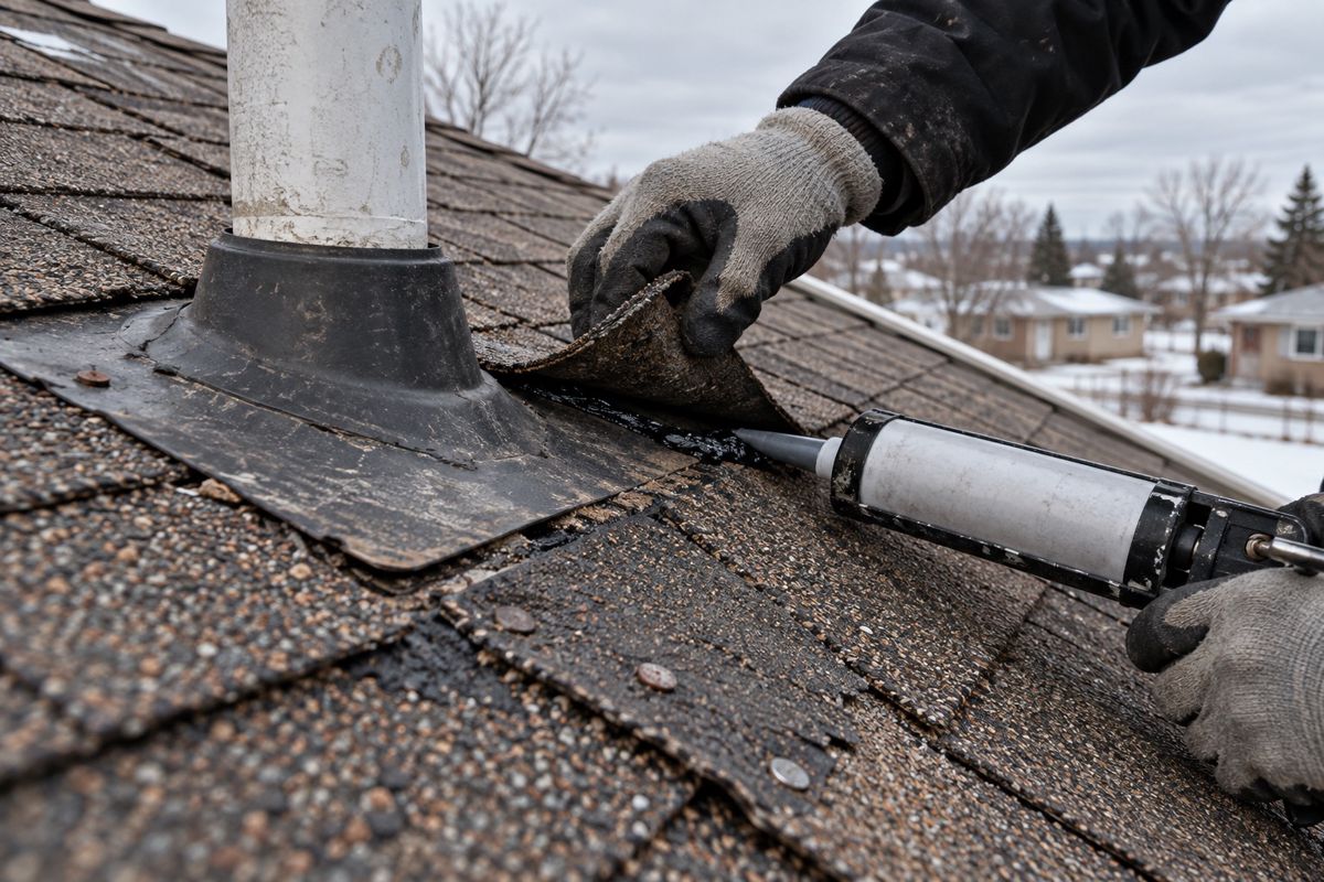 Gloved hands repairing a lifted shingle beside a vent flashing