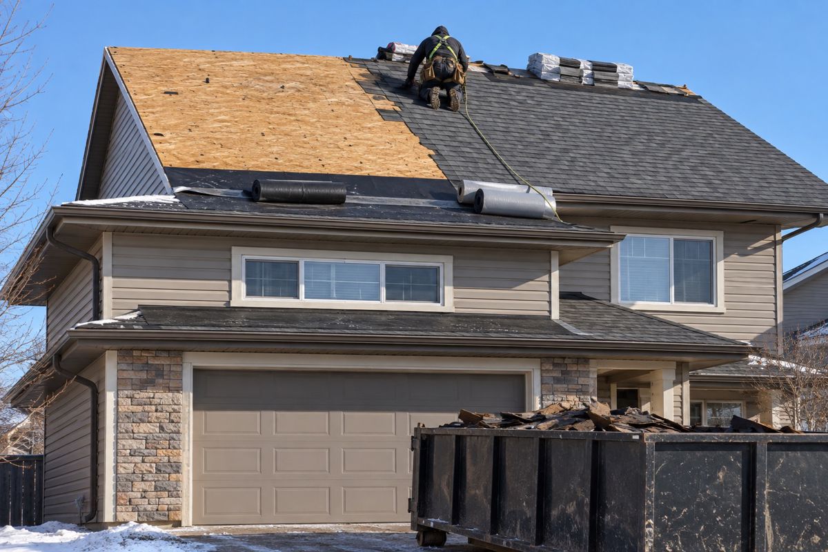 Roofers installing new shingles on a two-storey home with bare decking exposed