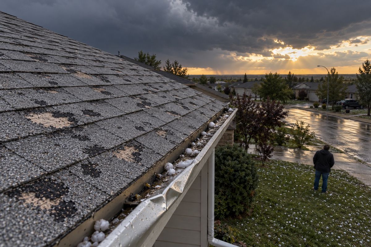 Hail-bruised shingles and a dented eavestrough under a clearing storm sky
